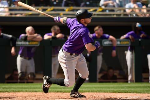 MESA, ARIZONA – MARCH 01: Garrett Hampson #1 of the Colorado Rockies hits a two run home run in the fifth inning of the spring training game against the Oakland Athletics at HoHoKam Stadium on March 01, 2019 in Mesa, Arizona. (Photo by Jennifer Stewart/Getty Images)