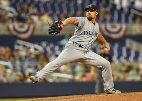 MIAMI, FL – MARCH 30: Mike Dunn #38 of the Colorado Rockies pitches in the seventh inning against the Miami Marlins at Marlins Park on March 30, 2019 in Miami, Florida. (Photo by Mark Brown/Getty Images)