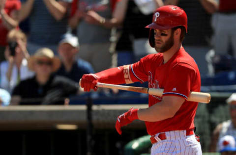 CLEARWATER, FLORIDA – MARCH 09: Bryce Harper #3 of the Philadelphia Phillies stretches in the first inning during a game against the Toronto Blue Jays on March 09, 2019 in Clearwater, Florida. (Photo by Mike Ehrmann/Getty Images)