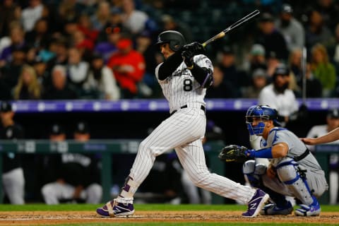 DENVER, CO – APRIL 6: Josh Fuentes #8 of the Colorado Rockies follows through on his first career hit during the eighth inning against the Los Angeles Dodgers at Coors Field on April 6, 2019 in Denver, Colorado. (Photo by Justin Edmonds/Getty Images)