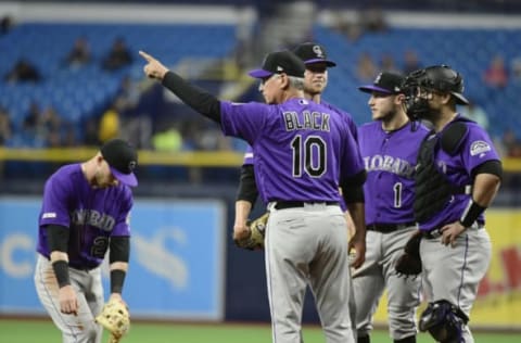 ST PETERSBURG, FLORIDA – APRIL 02: Manager Bud Black #10 of the Colorado Rockies calls for Carlos Estévez #54 from the bullpen to relieve Kyle Freeland #21 during the fifth inning against the Tampa Bay Rays at Tropicana Field on April 02, 2019 in St Petersburg, Florida. (Photo by Julio Aguilar/Getty Images)