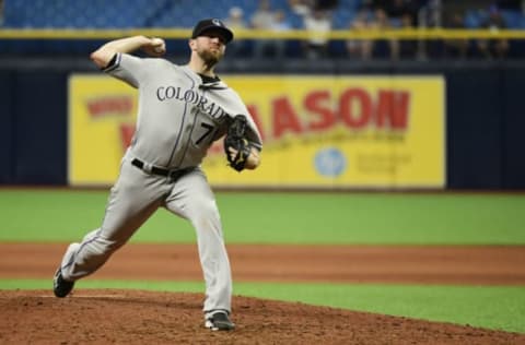 ST PETERSBURG, FLORIDA – APRIL 03: Wade Davis #71 of the Colorado Rockies throws a pitch in the 11th inning against the Tampa Bay Rays at Tropicana Field on April 03, 2019 in St Petersburg, Florida. The Rockies won 1-0. (Photo by Julio Aguilar/Getty Images)