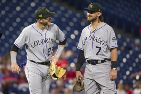 PHILADELPHIA, PA – MAY 17: Trevor Story #27 of the Colorado Rockies talks to Brendan Rodgers #7 in the bottom of the fifth inning against the Philadelphia Phillies at Citizens Bank Park on May 17, 2019 in Philadelphia, Pennsylvania. The Phillies defeated the Rockies 5-4. (Photo by Mitchell Leff/Getty Images)