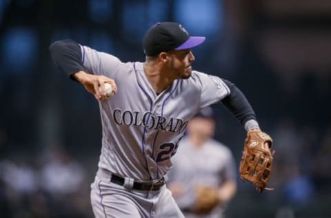 MILWAUKEE, WISCONSIN – MAY 01: Nolan Arenado #28 of the Colorado Rockies throws to first base in the second inning against the Milwaukee Brewers at Miller Park on May 01, 2019 in Milwaukee, Wisconsin. (Photo by Dylan Buell/Getty Images)