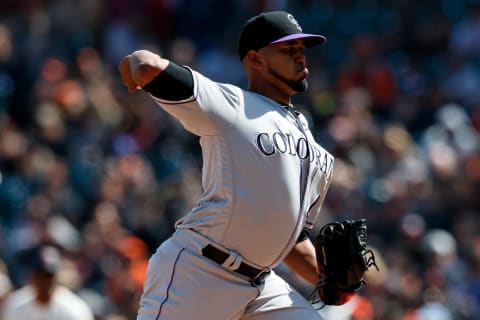 SAN FRANCISCO, CA – APRIL 14: German Marquez #48 of the Colorado Rockies pitches against the San Francisco Giants during the seventh inning at Oracle Park on April 14, 2019 in San Francisco, California. The Colorado Rockies defeated the San Francisco Giants 4-0. (Photo by Jason O. Watson/Getty Images)