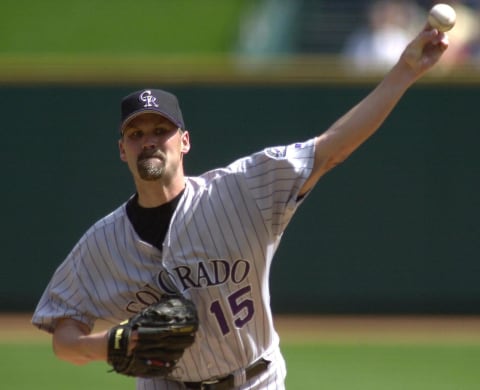 Colorado Rockies’ Denny Neagle pitches in the third inning against the St. Louis Cardinals 09 April 2001 in St. Louis. Neagle pitched six innings giving up four hits, including a two run home run to rookie Albert Pujols. AFP PHOTO/Scott ROVAK (Photo by SCOTT ROVAK / AFP) (Photo credit should read SCOTT ROVAK/AFP via Getty Images)