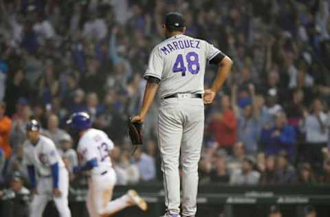 CHICAGO, ILLINOIS – JUNE 05: German Marquez #48 of the Colorado Rockies reacts after giving up a three run home run in the fifth inning to David Bote #13 of the Chicago Cubs at Wrigley Field on June 05, 2019 in Chicago, Illinois. (Photo by Quinn Harris/Getty Images)