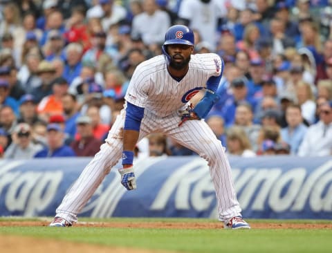 CHICAGO, ILLINOIS – JUNE 09: Jason Heyward #22 of the Chicago Cubs takes a lead-off at first base against the St. Louis Cardinals at Wrigley Field on June 09, 2019 in Chicago, Illinois. (Photo by Jonathan Daniel/Getty Images)