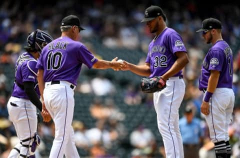 DENVER, CO – JULY 15: Bud Black #10 of the Colorado Rockies relieves Jesus Tinoco in the sixth inning during game one of a doubleheader at Coors Field on July 15, 2019 in Denver, Colorado. (Photo by Dustin Bradford/Getty Images)