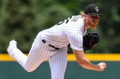 DENVER, CO – JULY 17: Jon Gray #55 of the Colorado Rockies pitches against the San Francisco Giants in the first inning of a game at Coors Field on July 17, 2019 in Denver, Colorado. (Photo by Dustin Bradford/Getty Images)