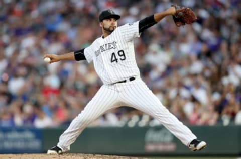 DENVER, COLORADO – JUNE 28: Starting pitcher Antonio Senzatela #49 of the Colorado Rockies throws in the fifth inning against the Los Angeles Dodgers at Coors Field on June 28, 2019 in Denver, Colorado. (Photo by Matthew Stockman/Getty Images)