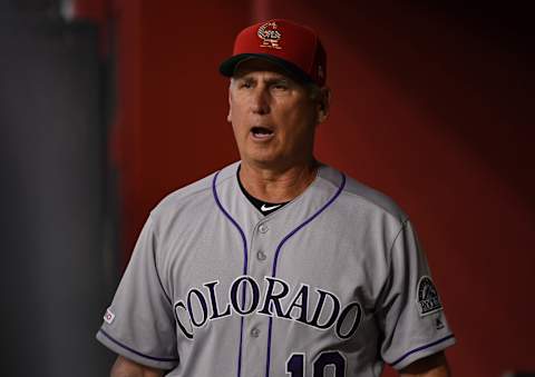 PHOENIX, ARIZONA – JULY 06: Manager Bud Black #10 of the Colorado Rockies yells to home plate umpire Bill Miller #26 during the first inning of a game against the Arizona Diamondbacks at Chase Field on July 06, 2019 in Phoenix, Arizona. (Photo by Norm Hall/Getty Images)