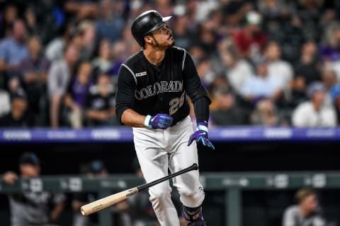 DENVER, CO – AUGUST 16: Nolan Arenado #28 of the Colorado Rockies hits an eighth inning solo homer against the Miami Marlins at Coors Field on August 16, 2019 in Denver, Colorado. (Photo by Dustin Bradford/Getty Images)