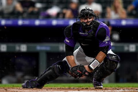 DENVER, CO – JULY 13: Chris Iannetta #22 of the Colorado Rockies against the Cincinnati Reds at Coors Field on July 13, 2019 in Denver, Colorado. (Photo by Dustin Bradford/Getty Images)