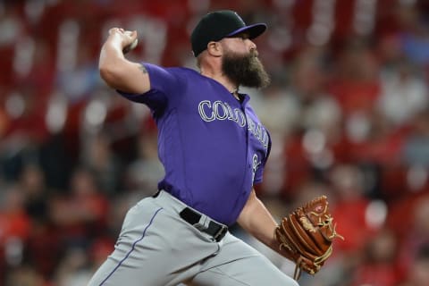 ST. LOUIS, MO – AUGUST 22: Relief pitcher DJ Johnson #63 of the Colorado Rockies pitches in the eighth inning against the St. Louis Cardinals at Busch Stadium on August 22, 2019 in St. Louis, Missouri. (Photo by Michael B. Thomas/Getty Images)