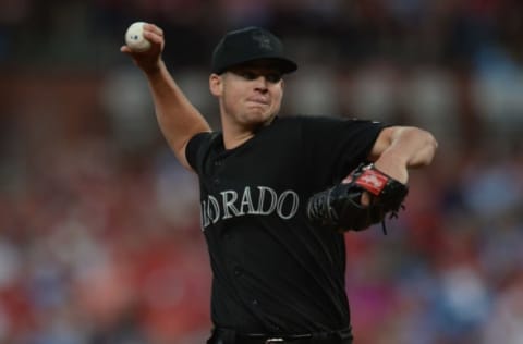 ST. LOUIS, MO – AUGUST 23: Peter Lambert #23 of the Colorado Rockies pitches in the first inning against the St. Louis Cardinals at Busch Stadium on August 23, 2019 in St. Louis, Missouri. Teams are wearing special color schemed uniforms with players choosing nicknames to display for Players’ Weekend. (Photo by Michael B. Thomas/Getty Images)