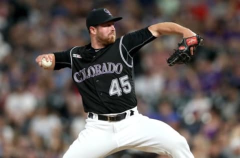 DENVER, COLORADO – AUGUST 02: Pitcher Scott Oberg #45 of the Colorado Rockies throws in the ninth inning against the San Francisco Giants at Coors Field on August 02, 2019 in Denver, Colorado. (Photo by Matthew Stockman/Getty Images)