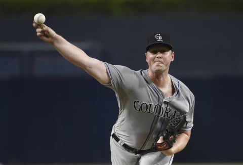 SAN DIEGO, CA – SEPTEMBER 6: Tim Melville #38 of the Colorado Rockies pitches during the first inning of a baseball game against the San Diego Padres at Petco Park September 6, 2019 in San Diego, California. (Photo by Denis Poroy/Getty Images)