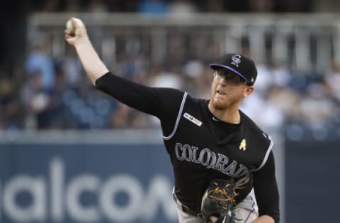 SAN DIEGO, CA – SEPTEMBER 7: Jeff Hoffman #34 of the Colorado Rockies pitches during the first inning of a baseball game against the San Diego Padres at Petco Park September 7, 2019 in San Diego, California. (Photo by Denis Poroy/Getty Images)