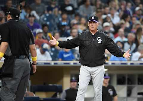 SAN DIEGO, CA – SEPTEMBER 7: Bud Black #10 of the Colorado Rockies argues a call with home plate umpire Mark Ripperger during the fifth inning of a baseball game against the San Diego Padres at Petco Park September 7, 2019 in San Diego, California. (Photo by Denis Poroy/Getty Images)