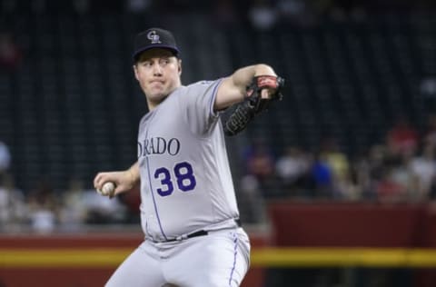 PHOENIX, ARIZONA – AUGUST 21: Tim Melville #38 of the Colorado Rockies delivers a pitch in the first inning of the MLB game against the Arizona Diamondbacks at Chase Field on August 21, 2019 in Phoenix, Arizona. (Photo by Jennifer Stewart/Getty Images)