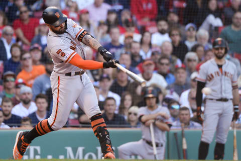 BOSTON, MA – SEPTEMBER 19: Kevin Pillar #1 of the San Francisco Giants hits a two RBI double in the eighth inning against the Boston Red Sox at Fenway Park on September 19, 2019 in Boston, Massachusetts. (Photo by Kathryn Riley/Getty Images)