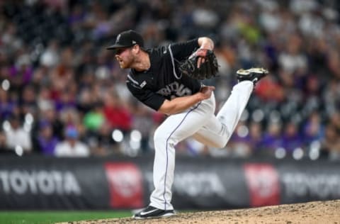 DENVER, CO – AUGUST 16: Scott Oberg #45 of the Colorado Rockies pitches against the Miami Marlins at Coors Field on August 16, 2019 in Denver, Colorado. (Photo by Dustin Bradford/Getty Images)