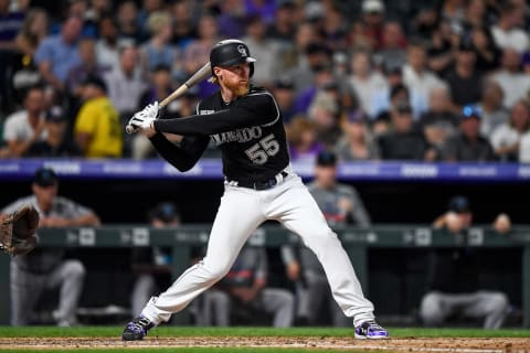 DENVER, CO – AUGUST 16: Jon Gray #55 of the Colorado Rockies bats against the Miami Marlins at Coors Field on August 16, 2019 in Denver, Colorado. (Photo by Dustin Bradford/Getty Images)