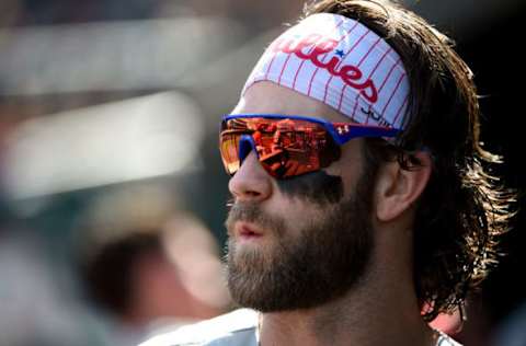 WASHINGTON, DC – SEPTEMBER 24: Bryce Harper #3 of the Philadelphia Phillies looks on prior to playing during game one of a doubleheader against the Washington Nationals at Nationals Park on September 24, 2019 in Washington, DC. (Photo by Will Newton/Getty Images)