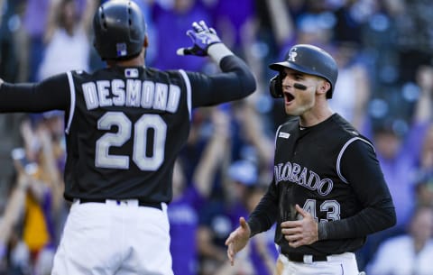 DENVER, CO – SEPTEMBER 29: Sam Hilliard #43 of the Colorado Rockies at Coors Field on September 29, 2019 in Denver, Colorado. Colorado won 4-3 in 13 innings. (Photo by Joe Mahoney/Getty Images)