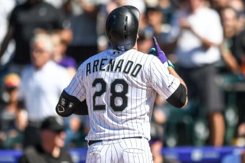 DENVER, CO – SEPTEMBER 1: Nolan Arenado #28 of the Colorado Rockies celebrates after hitting a sixth inning solo home run against the Pittsburgh Pirates at Coors Field on September 1, 2019 in Denver, Colorado. (Photo by Dustin Bradford/Getty Images)