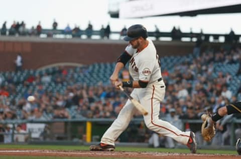 SAN FRANCISCO, CALIFORNIA – SEPTEMBER 10: Stephen Vogt #21 of the San Francisco Giants hits a two-run single in the bottom of the first inning against the Pittsburgh Pirates at Oracle Park on September 10, 2019 in San Francisco, California. (Photo by Lachlan Cunningham/Getty Images)