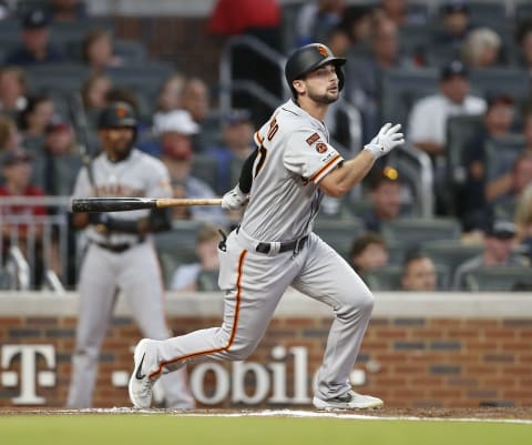 ATLANTA, GEORGIA – SEPTEMBER 21: Left fielder Joey Rickard #37 of the San Francisco Giants hits a single in the second inning during the game against the Atlanta Braves at SunTrust Park on September 21, 2019 in Atlanta, Georgia. (Photo by Mike Zarrilli/Getty Images)