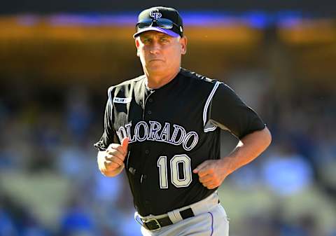 LOS ANGELES, CA – SEPTEMBER 22: Manager Bud Black #10 of the Colorado Rockies leaves the field after a pitching change against the Los Angeles Dodgers at Dodger Stadium on September 22, 2019 in Los Angeles, California. The Dodgers won 7-4. (Photo by John McCoy/Getty Images)