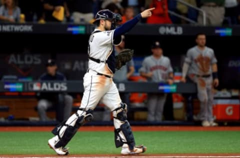 ST PETERSBURG, FLORIDA – OCTOBER 08: Travis d’Arnaud #37 of the Tampa Bay Rays reacts after tagging out Jose Altuve (not pictured) of the Houston Astros during the fourth inning in game four of the American League Division Series at Tropicana Field on October 08, 2019 in St Petersburg, Florida. (Photo by Mike Ehrmann/Getty Images)