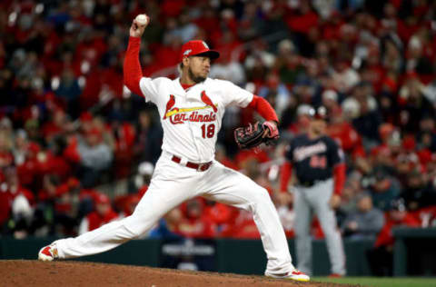 ST LOUIS, MISSOURI – OCTOBER 11: Carlos Martinez #18 of the St. Louis Cardinals delivers the pitch against the Washington Nationals during the ninth inning in game one of the National League Championship Series at Busch Stadium on October 11, 2019 in St Louis, Missouri. (Photo by Scott Kane/Getty Images)