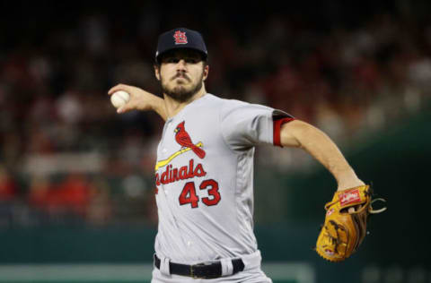 WASHINGTON, DC – OCTOBER 15: Dakota Hudson #43 of the St. Louis Cardinals delivers a pitch 1during game four of the National League Championship Series at Nationals Park on October 15, 2019 in Washington, DC. (Photo by Patrick Smith/Getty Images)