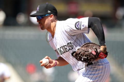 DENVER, CO – SEPTEMBER 12: Josh Fuentes #8 of the Colorado Rockies plays first base during the game against the St. Louis Cardinals at Coors Field on September 12, 2019 in Denver, Colorado. The Cardinals defeated the Rockies 10-3. (Photo by Rob Leiter/MLB Photos via Getty Images)