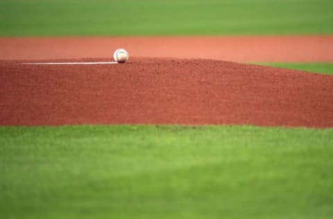 HOUSTON, TEXAS – OCTOBER 22: The game ball is left on the mound prior to Game One of the 2019 World Series between the Houston Astros and the Washington Nationals at Minute Maid Park on October 22, 2019 in Houston, Texas. (Photo by Mike Ehrmann/Getty Images)