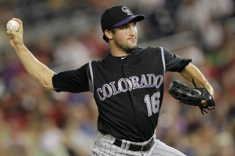 WASHINGTON, DC – JULY 09: Closer Huston Street #16 of the Colorado Rockies delivers to a Washington Nationals batter during the ninth inning of the Rockies 2-1 win at Nationals Park on July 9, 2011 in Washington, DC. (Photo by Rob Carr/Getty Images)