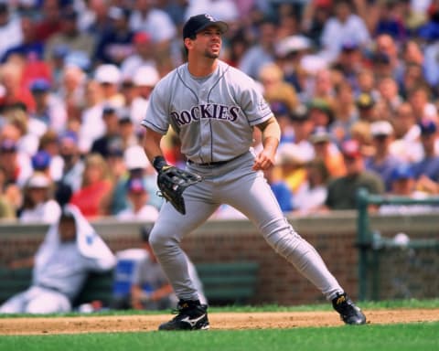 CHICAGO – 1999: Todd Helton of the Colorado Rockies fields during an MLB game versus the Chicago Cubs at Wrigley Field in Chicago, Illinois during the 1999 season. (Photo by Ron Vesely/MLB Photos via Getty Images)