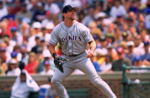 CHICAGO – 1999: Todd Helton of the Colorado Rockies fields during an MLB game versus the Chicago Cubs at Wrigley Field in Chicago, Illinois during the 1999 season. (Photo by Ron Vesely/MLB Photos via Getty Images)