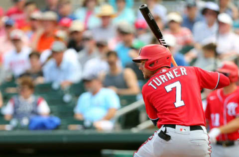 JUPITER, FL – MARCH 10: Trea Turner #7 of the Washington Nationals in action against the Miami Marlins during a spring training baseball game at Roger Dean Stadium on March 10, 2020 in Jupiter, Florida. The Marlins defeated the Nationals 3-2. (Photo by Rich Schultz/Getty Images)