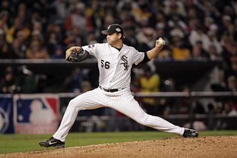 Pitcher Mark Buehrle of the Chicago White Sox during Game 2 of the 2005 World Series against the Houston Astros at US Cellular Field in Chicago, Illinois on October 23, 2005. (Photo by G. N. Lowrance/Getty Images)