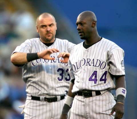 Colorado Rockies Larry Walker(L) and Preston Wilson vs Los Angeles at Dodger Stadium in Los Angeles, CA on July 21, 2004. (Photo by Jon Soohoo/Getty Images)