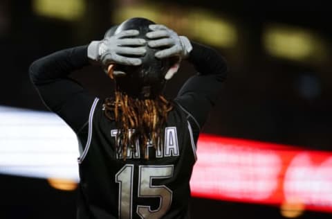 SAN FRANCISCO, CALIFORNIA – SEPTEMBER 24: Raimel Tapia #15 of the Colorado Rockies reacts in an at bat during the game against the San Francisco Giants at Oracle Park on September 24, 2019 in San Francisco, California. (Photo by Daniel Shirey/Getty Images)