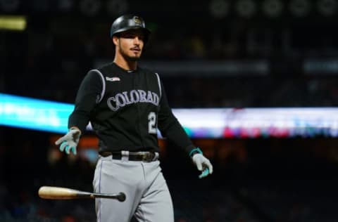 SAN FRANCISCO, CALIFORNIA – SEPTEMBER 24: Nolan Arenado #28 of the Colorado Rockies reacts to a strikeout during the game against the San Francisco Giants at Oracle Park on September 24, 2019 in San Francisco, California. (Photo by Daniel Shirey/Getty Images)