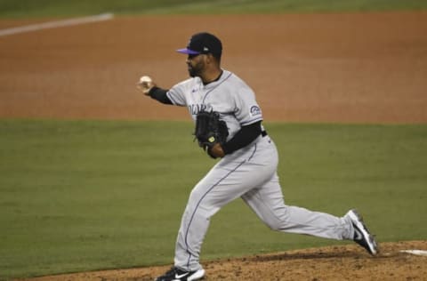 LOS ANGELES, CA – SEPTEMBER 04: Relief pitcher Mychal Givens #60 of the Colorado Rockies throws against the Los Angeles Dodgers during the sixth inning at Dodger Stadium on September 4, 2020 in Los Angeles, California. (Photo by Kevork Djansezian/Getty Images)