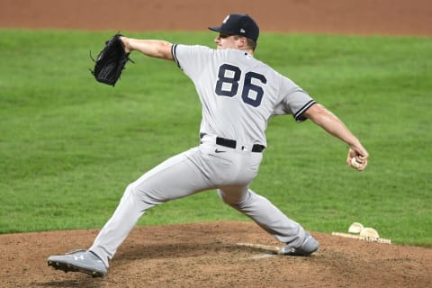 BALTIMORE, MD – SEPTEMBER 04: In his major league debut, Clarke Schmidt #86 of the New York Yankees, pitches in the sixth inning during game two of a doubleheader baseball game against the Baltimore Orioles at Oriole Park at Camden Yards on September 4, 2020 in Baltimore, Maryland. (Photo by Mitchell Layton/Getty Images)