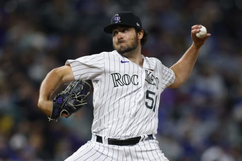 DENVER, CO – APRIL 2: Ben Bowden #51 of the Colorado Rockies delivers to home plate during the sixth inning against the Los Angeles Dodgers at Coors Field on April 2, 2021 in Denver, Colorado. Bowden is making his Major League debut. (Photo by Justin Edmonds/Getty Images)